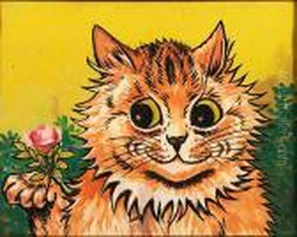 A Tabby Cat Holding A Rose Oil Painting by Louis Wain
