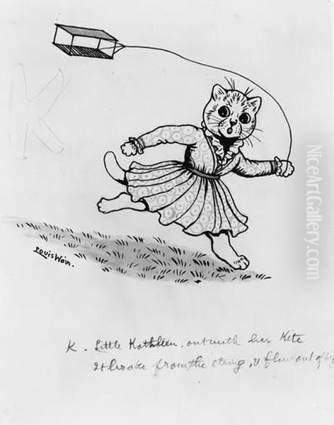'k. Little Kathleen, Out With Her Kite Oil Painting by Louis Wain