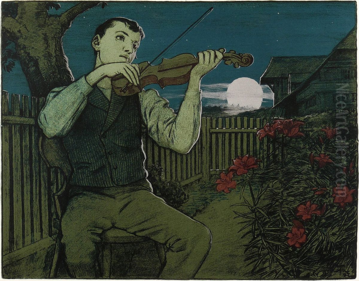 Violin player to the Moon Oil Painting by Hans Thoma