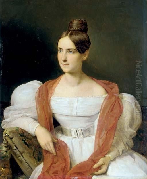 Junge Frau In Weissem Kleid Und 
Rotem Schall (portrait Of A Young Lady In A White Dress And Red Shawl) Oil Painting by Ferdinand Georg Waldmuller