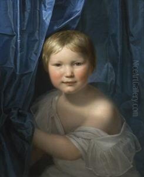 Madchen Mit Hellblonden Haaren Vor
 Blauem Vorhang. Oil Painting by Ferdinand Georg Waldmuller