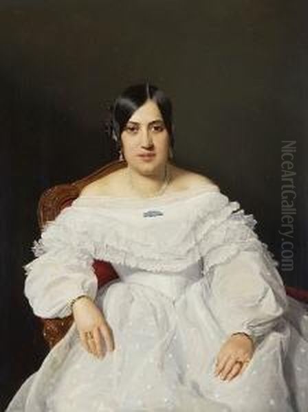 Junge Dame In Weisem,
 Ruschenbesetztem Kleid. Oil Painting by Ferdinand Georg Waldmuller
