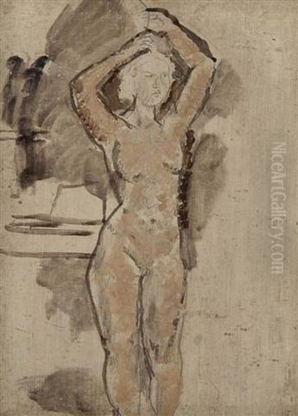 Standing Nude Holding A Pitcher On Her Head Oil Painting by Ethel, Dame Walker