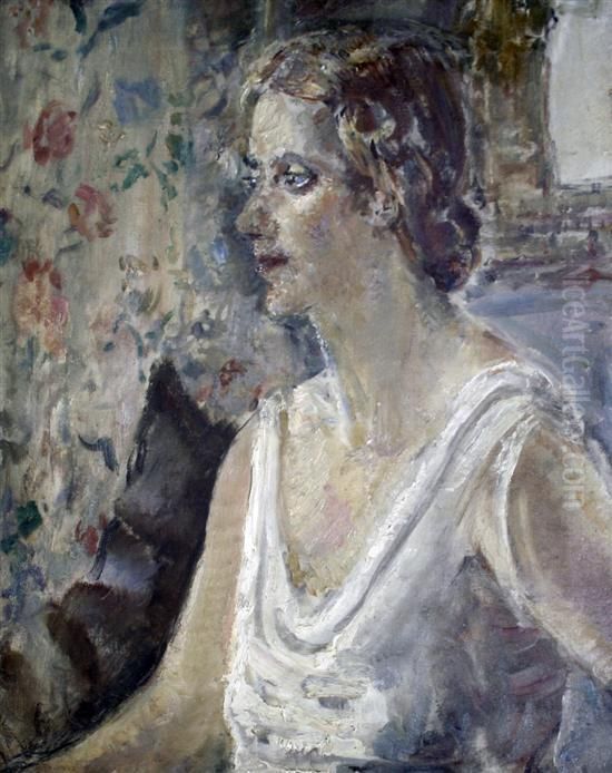 Portrait Of A Lady Wearing A White Dress Oil Painting by Ethel, Dame Walker