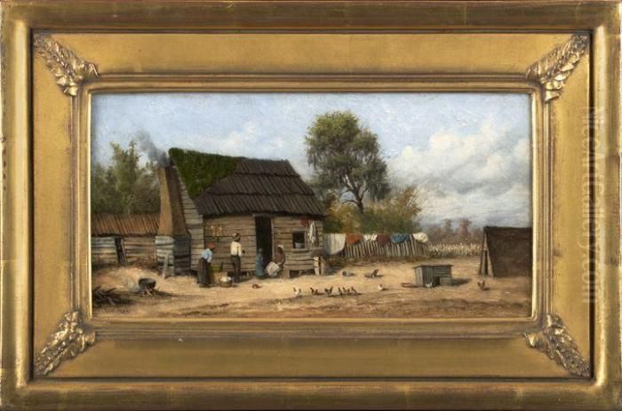 Southern Cabin Scene With Family
 Surrounded By Chickens And Laundry Hanging On A Wood Fence Oil Painting by William Aiken Walker