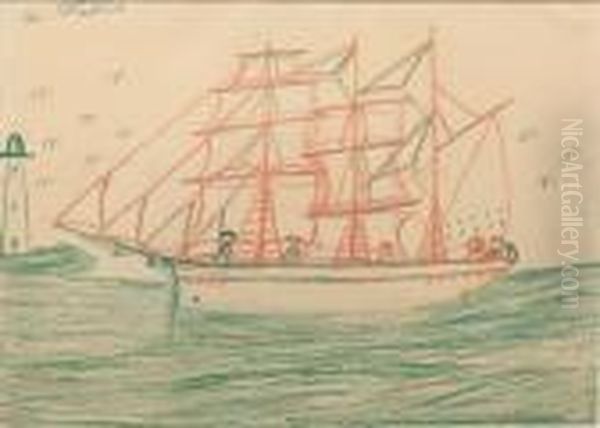 Fishing Boats Off A Harbour; And Ship At Sea(double Sided) Oil Painting by Alfred Wallis