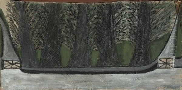 Five Trees And Two Gates Oil Painting by Alfred Wallis