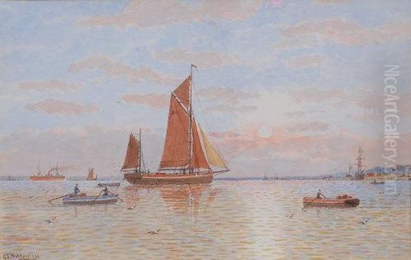 Boats Off Yarmouth At Sundown Oil Painting by George Stanfield Walters
