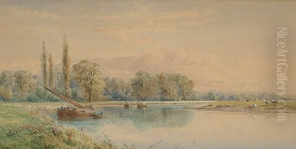 Boat On A River With Cattle Grazing In The Distance Oil Painting by George Stanfield Walters