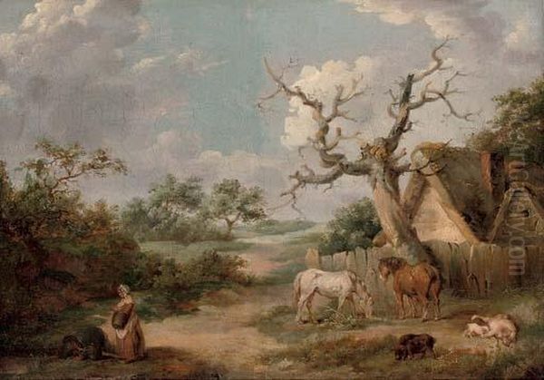 A Wooded Landscape With Figures In The Foreground And Horses And Pigs By A Cottage Oil Painting by James Ward