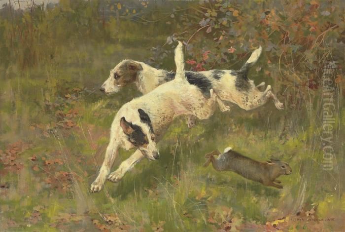 Terriers Chasing A Rabbit Oil Painting by Arthur Wardle