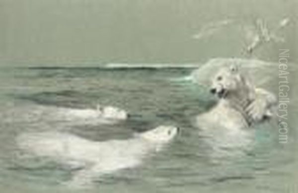 A Polar Bear Defending His Catch Oil Painting by Arthur Wardle