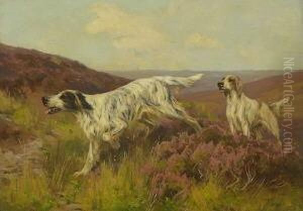 Zwei Jagdhunde In
 Heidelandschaft. Oil Painting by Arthur Wardle