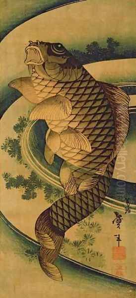 A Carp in a Swirl of Water Oil Painting by Katsushika II (Hokusen) Taito
