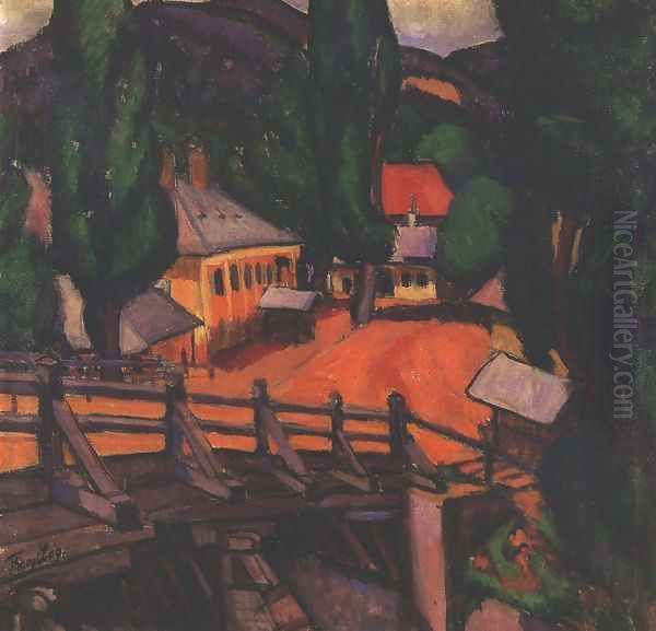 Landscape with Bridge 1909 Oil Painting by Lajos Tihanyi