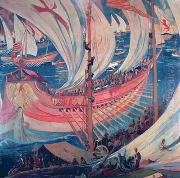 The Nau Ship detail of a picture representing the Catalan expansion in the Mediterranean during the 13th century Oil Painting by Joaquin Mir Trinxet