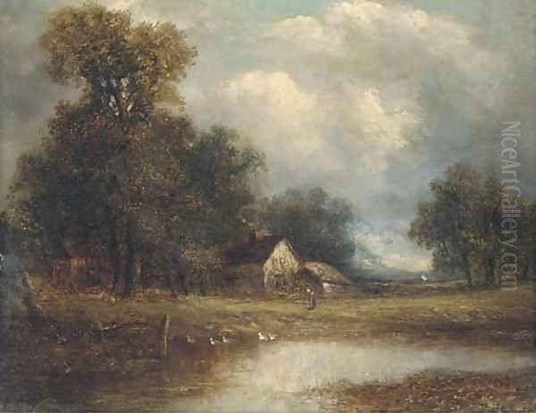 Figure and cottage by a pond Oil Painting by Joseph Thors