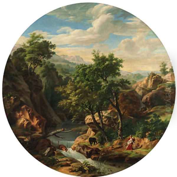 A philosopher and a bear in a mountainous river landscape Oil Painting by Jean-Charles Tardieu
