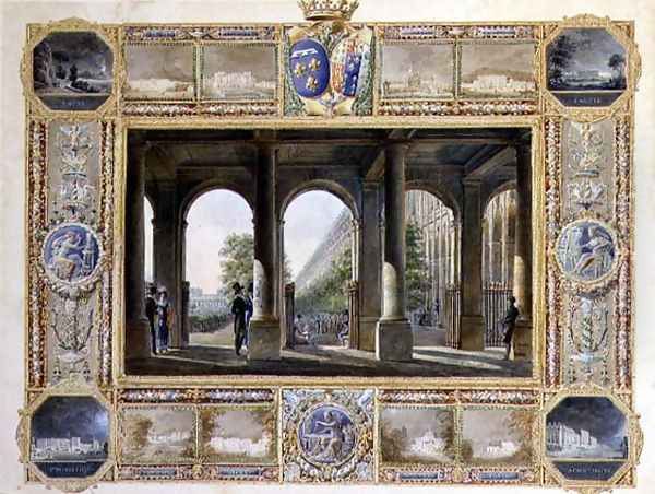 The Palais Royal, Paris, surrounded by vignettes of the childhood residences of Charles Ferdinand, the Duke de Berry 1778-1820 and his wife Maria Caroline of Bourbon Oil Painting by Hilaire Thierry