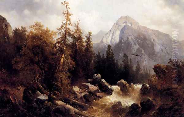 A Mountainous River Landscape Oil Painting by Josef Thoma