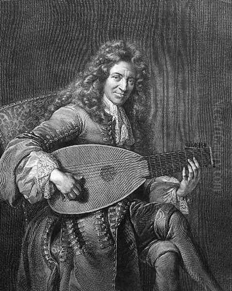 Portrait of Mouton playing the lute, engraved by Gerard Edelinck 1640-1707 Oil Painting by Francois de Troy