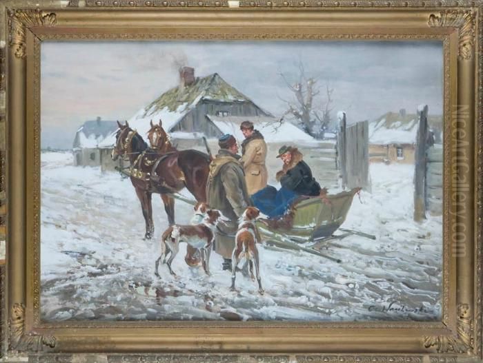 Spotkanie Przy Saniach Oil Painting by Ignacy (Czeslaw Wasilewski) Zygmuntowicz