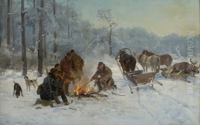 Mysliwi Przy Ognisku Oil Painting by Ignacy (Czeslaw Wasilewski) Zygmuntowicz