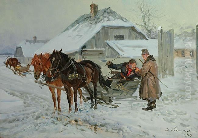 Scena Rodzajowa Z Saniami Oil Painting by Ignacy (Czeslaw Wasilewski) Zygmuntowicz