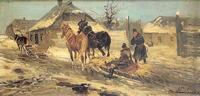 Przed Folwarkiem - Wyjazd Saniami Oil Painting by Ignacy (Czeslaw Wasilewski) Zygmuntowicz