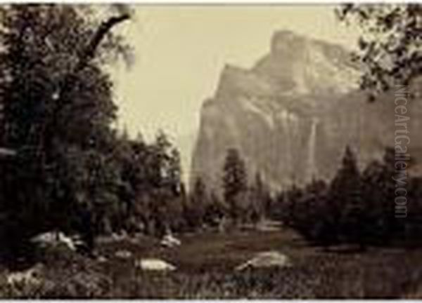 Bridal Veil, From The Black Spring Yosemite Oil Painting by Carleton Emmons Watkins