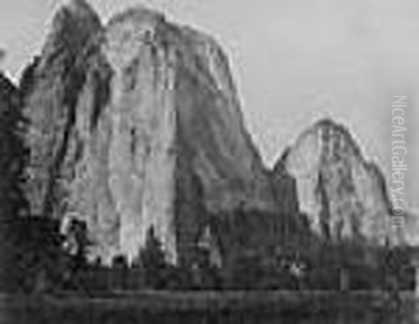 Cathedral Rocks And Spires, 2678 Feet, Yosemite, Cal. Oil Painting by Carleton Emmons Watkins