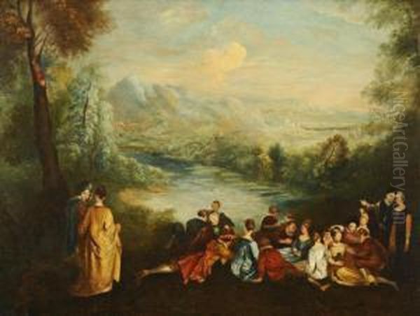 Figures In An Italian Landscape Oil Painting by Jean-Antoine Watteau