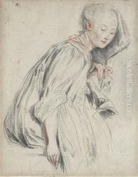 A Seated Young Woman, In A Loose Robe, Her Eyes Downcast Oil Painting by Jean-Antoine Watteau