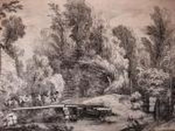 Landscape With Cows On A Bridge Oil Painting by Jean-Antoine Watteau