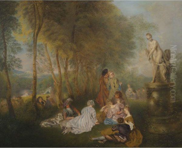 Fete Galante With A Statue Of Venus Oil Painting by Jean-Antoine Watteau