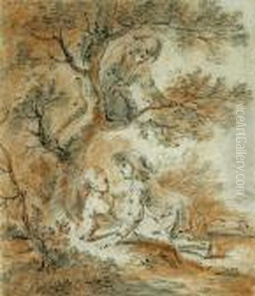 A Pastoral Scene With Young Lovers Under A Tree With A Figure Looking On Oil Painting by Jean-Antoine Watteau