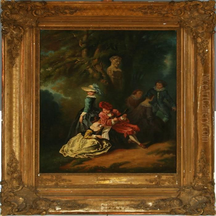 A Guitar Player Entertaining Young People In A Park Oil Painting by Jean-Antoine Watteau