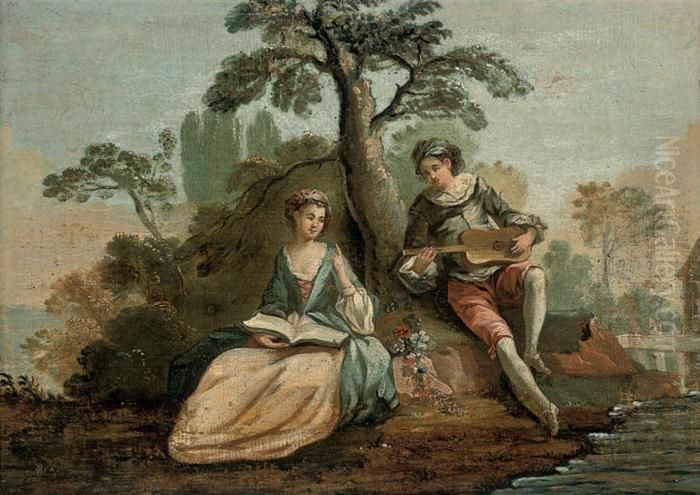 An Amorous Couple Making Music In A Wooded River Landscape Oil Painting by Jean-Antoine Watteau