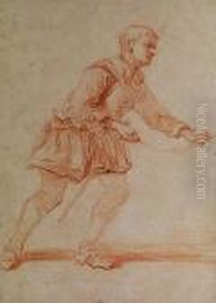 Ciseleur En Marche, De Profile, Tourne Vers La Droite Et Tirant Sur Une Laisse Oil Painting by Jean-Antoine Watteau