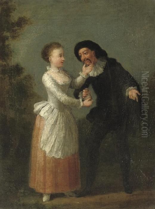 A Young Lady Accepting A Purse 
Of Money From A Comedia Dell'arte Character In A Garden Landscape Oil Painting by Jean-Antoine Watteau