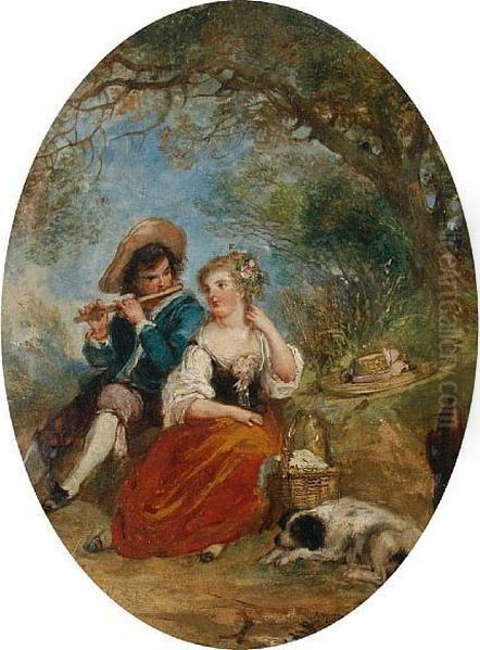 A Young Shepherd And Shepherdess With Their Dog In A Landscape Oil Painting by Jean-Antoine Watteau