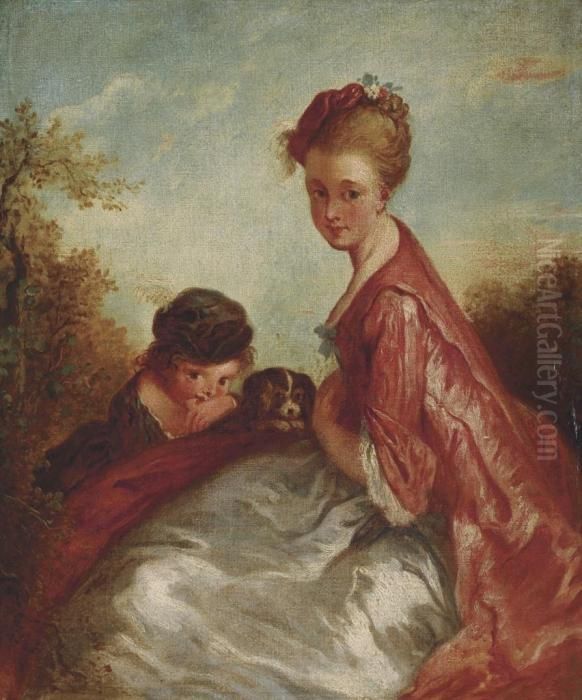 A Mother And Child With A Dog, In A Landscape Oil Painting by Jean-Antoine Watteau