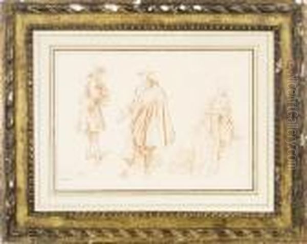 Two Men Standing And An Elegant Lady Seated; And A Companiondrawing By Another Hand Oil Painting by Jean-Antoine Watteau