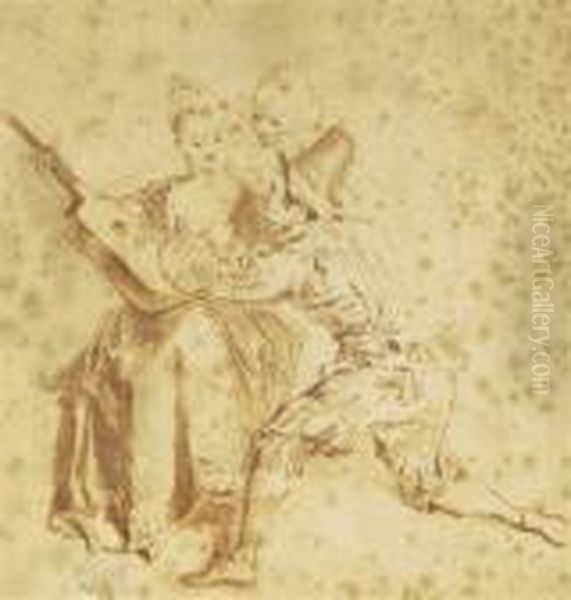 A Musician And Her Admirers Oil Painting by Jean-Antoine Watteau