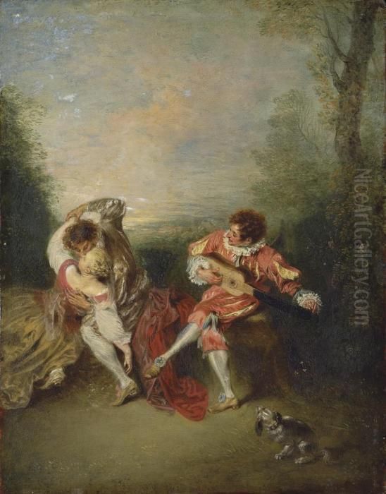 La Surprise: A Couple Embracing While A Figure Dressed As Mezzetin Tunes A Guitar Oil Painting by Jean-Antoine Watteau