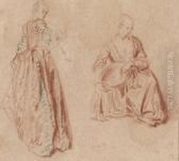 Studies Of Two Girls: One Seen 
From Behind Looking Over Her Rightshoulder, The Other Seated, Holding A 
Basket Oil Painting by Jean-Antoine Watteau