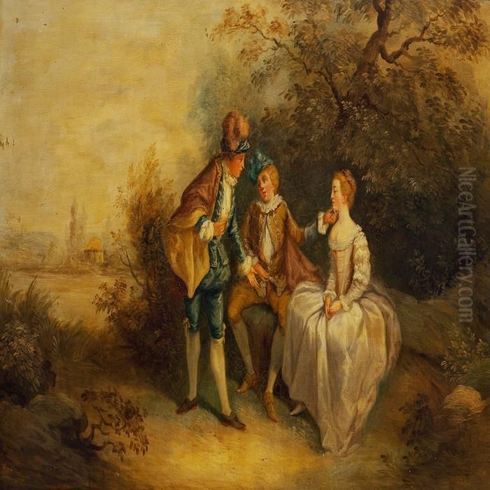 Two Elegant Men Flirting With An Young Lady Oil Painting by Jean-Antoine Watteau