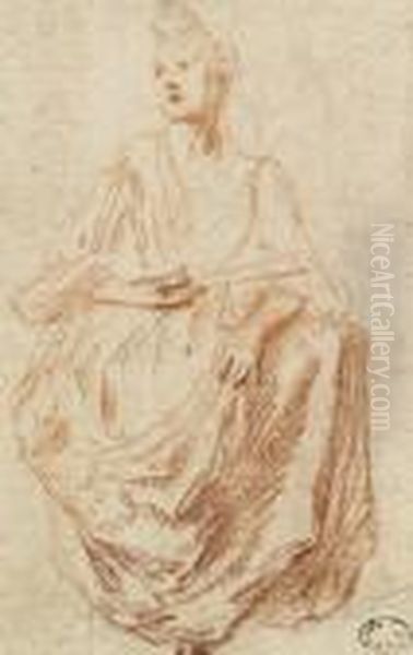 Une Femme Assise Tenant Un Eventail Oil Painting by Jean-Antoine Watteau