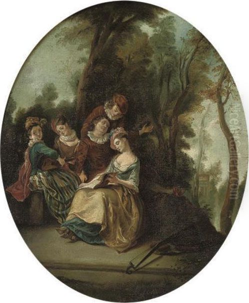 Elegant Company Making Music In A Wooded Landscape Oil Painting by Jean-Antoine Watteau