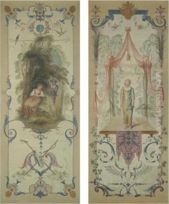 A Set Of Three 
Paravents
: Pierrot And Two Allegories Of Seasons Oil Painting by Jean-Antoine Watteau